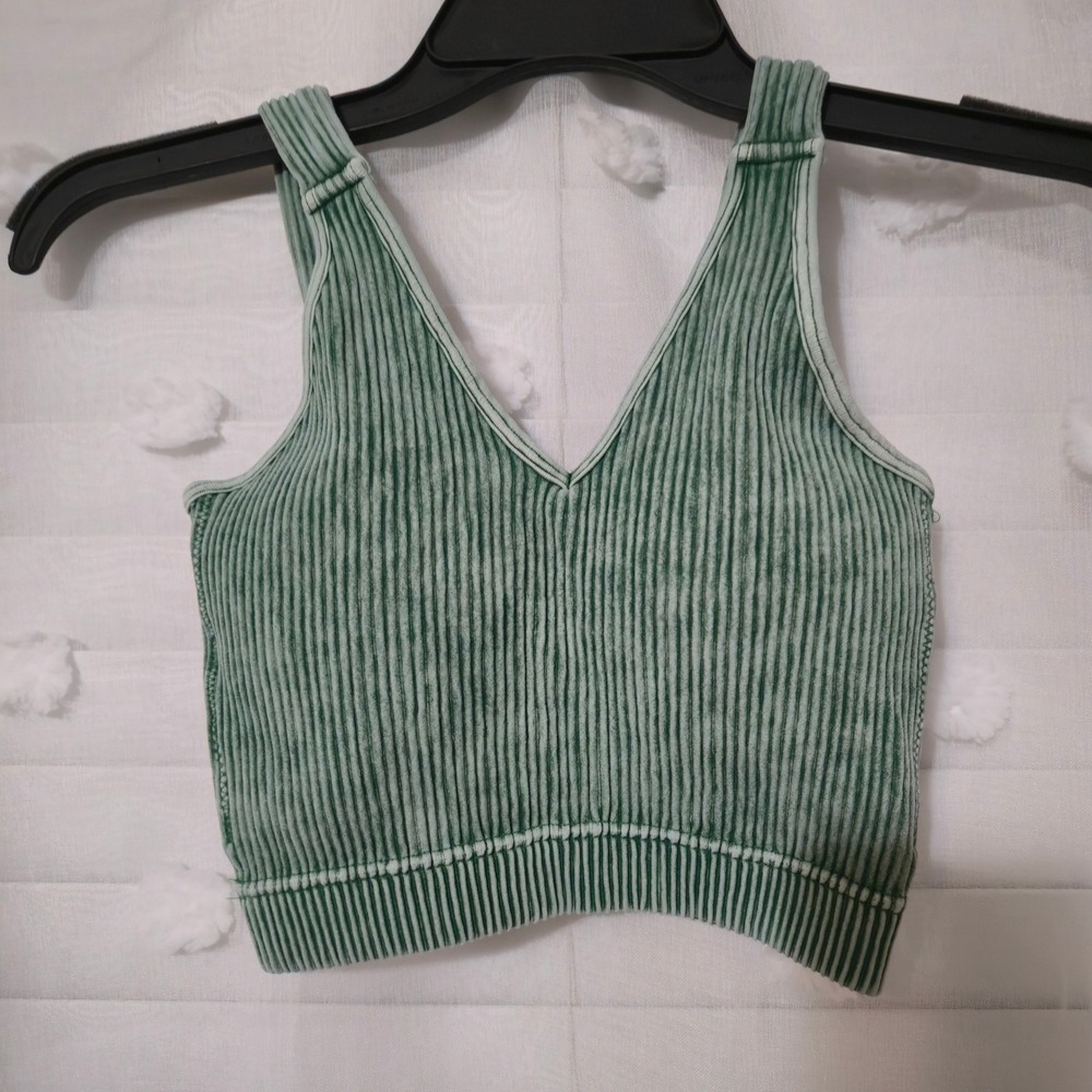 Zenana Women Green Mineral Wash Ribbed V-Neck Crop Top Brami NTW-6175A S/M
